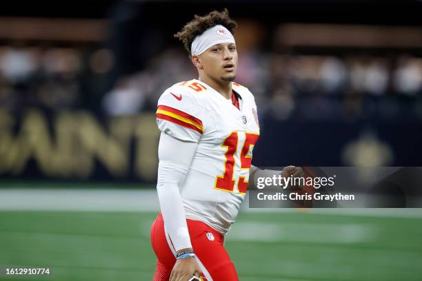 Patrick Mahomes of the Kansas City Chiefs looks on during a preseason game against the New Orleans Saints at Caesars Superdome on August 13, 2023 in...