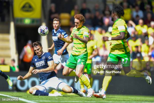 Josh Sargent challenged by Jake Cooper during the Sky Bet Championship match between Norwich City and Millwall at Carrow Road, Norwich on Sunday 20th...