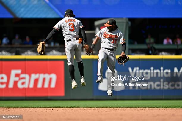 Jorge Mateo of the Baltimore Orioles and Cedric Mullins of the Baltimore Orioles celebrate after the game against the Seattle Mariners at T-Mobile...