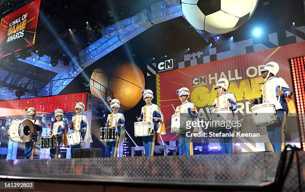 General view of the atmosphere onstage at the Third Annual Hall of Game Awards hosted by Cartoon Network at Barker Hangar on February 9, 2013 in...