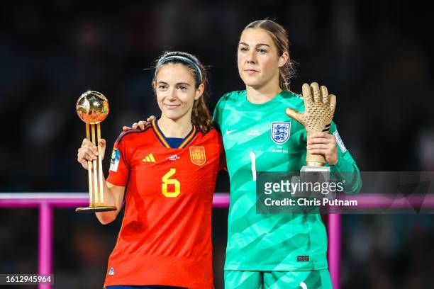 Mary EARPS of England wins Golden Glove award and Aitana BONMATI of Spain wins Golden Ball award after Spain beats England in the final of the FIFA...