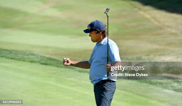 Stephen Ames of Canada reacts after sinking his eagle putt to win the Boeing Classic at The Club at Snoqualmie Ridge on August 13, 2023 in...