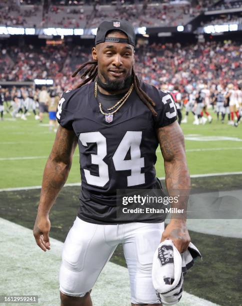 Running back Brandon Bolden of the Las Vegas Raiders walks off the field after the Raiders' 34-7 victory over the San Francisco 49ers in a preseason...