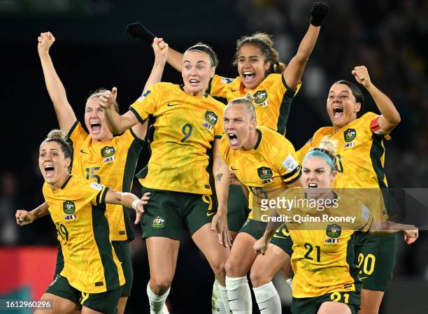 Australia players celebrate as Eve Perisset of France misses her team's fifth penalty in the penalty shoot out during the FIFA Women's World Cup...