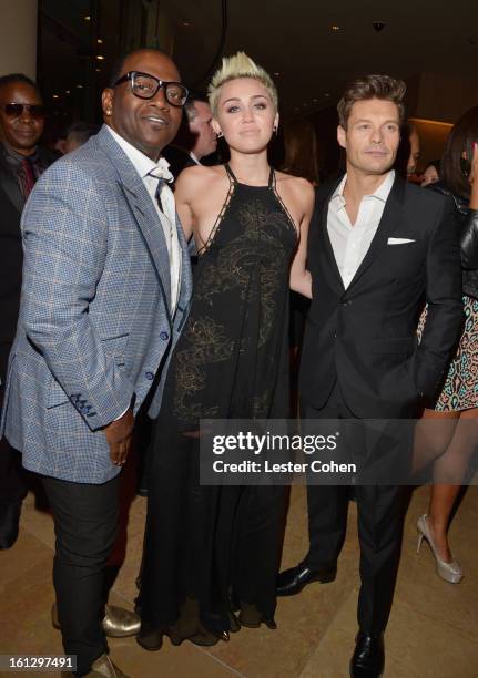 Personality Randy Jackson, singer Miley Cyrus and TV personality Ryan Seacrest arrive at the 55th Annual GRAMMY Awards Pre-GRAMMY Gala and Salute to...