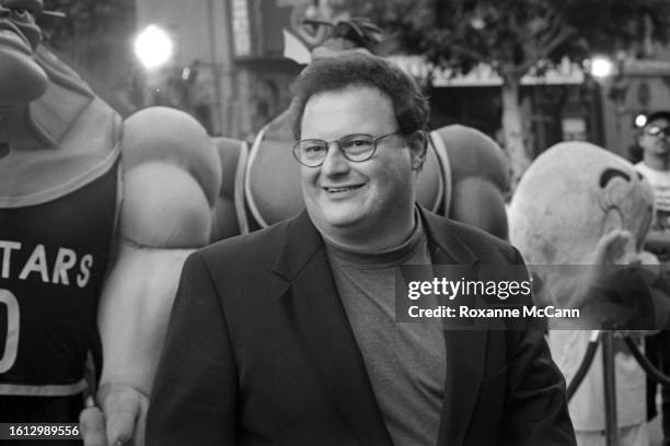 American actor and comedian Wayne Knight arrives at the premiere of "Space Jam" surrounded by MonStars and Looney Tunes' Tweety in the background...