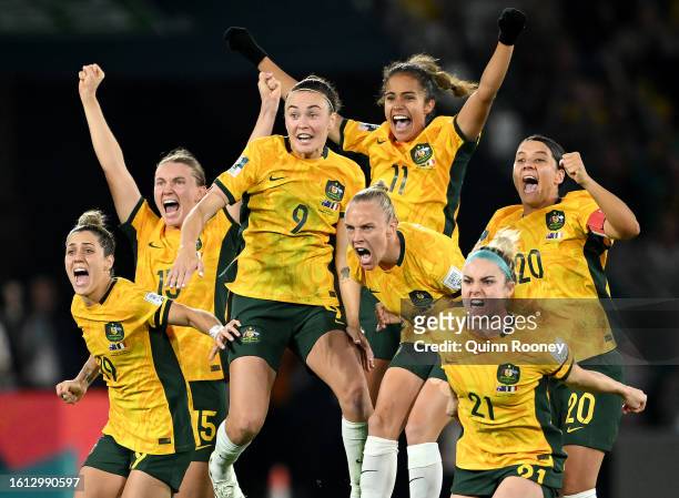 Australia players celebrate as Eve Perisset of France misses her team's fifth penalty in the penalty shoot out during the FIFA Women's World Cup...