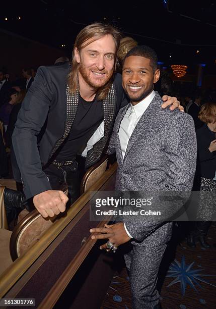 David Guetta and singer Usher attend the 55th Annual GRAMMY Awards Pre-GRAMMY Gala and Salute to Industry Icons honoring L.A. Reid held at The...
