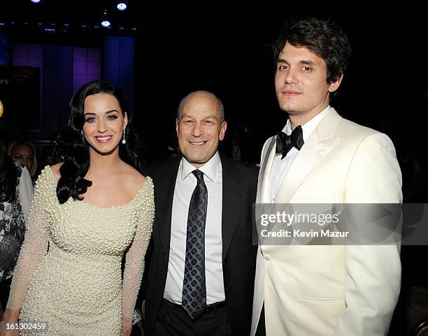 Katy Perry, Chairman & CEO of Island Def Jam and Universal Motown Republic Group Barry Weiss and John Mayer attend the 55th Annual GRAMMY Awards...