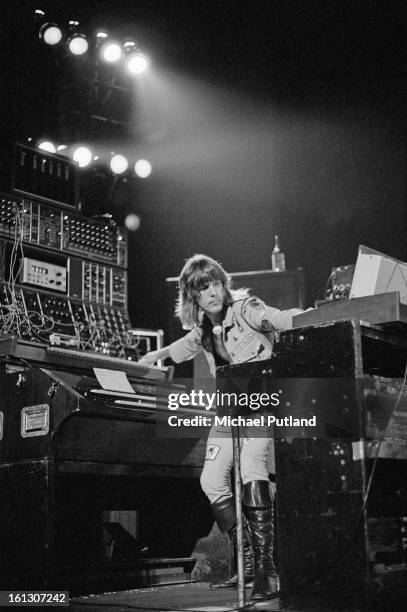 English keyboard player Keith Emerson performing with Emerson, Lake & Palmer at the Hammersmith Odeon, London, 26th November 1972.