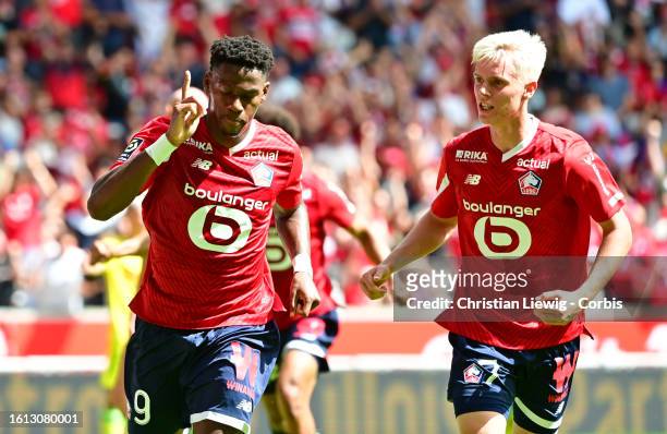 Jonathan David celebrate one goal of Lille OSC in action during the Ligue 1 Uber Eats match between Lille OSC and FC Nantes at Stade Pierre-Mauroy on...