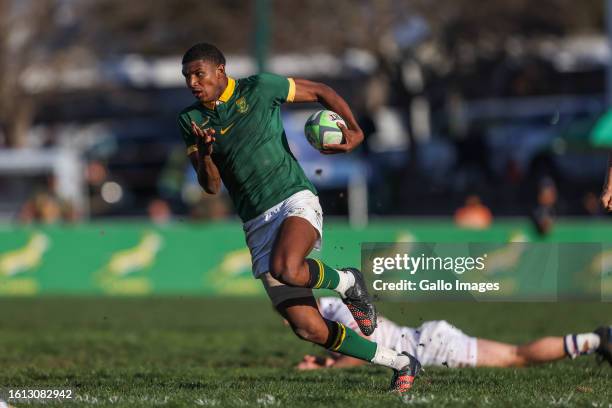 Gino Cupido of SA U18 schools during the U18 International Series match between South Africa and England at Paarl Boys High School on August 19, 2023...