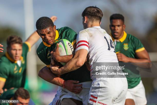 Gino Cupido of SA U18 schools during the U18 International Series match between South Africa and England at Paarl Boys High School on August 19, 2023...