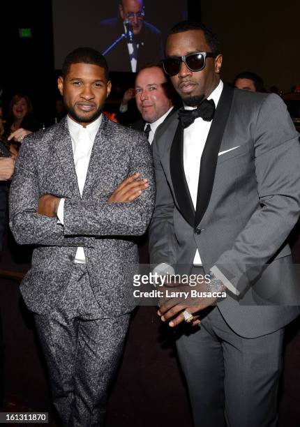Usher and Sean 'Puffy' Combs attend the 55th Annual GRAMMY Awards Pre-GRAMMY Gala and Salute to Industry Icons honoring L.A. Reid held at The Beverly...