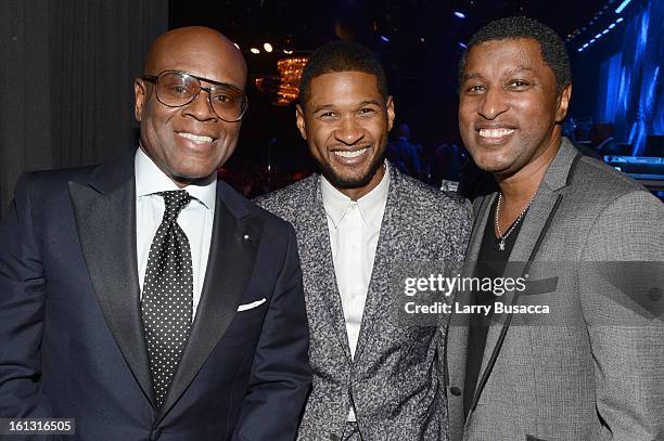 Honoree Antonio "LA" Reid, singer Usher and producer Babyface attend the 55th Annual GRAMMY Awards Pre-GRAMMY Gala and Salute to Industry Icons...