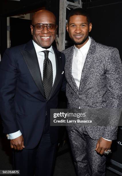 Honoree Antonio 'LA' Reid and singer Usher attend the 55th Annual GRAMMY Awards Pre-GRAMMY Gala and Salute to Industry Icons honoring L.A. Reid held...