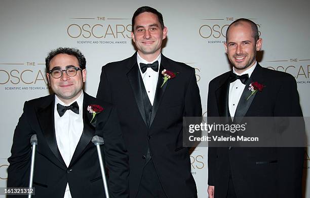 Steve LaVietes, Brian Hall and Jeremy Selan arrives at the Academy Of Motion Picture Arts And Sciences' Scientific & Technical Awards at Beverly...