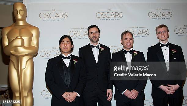 Theodore Kim, Nils Thuerey, Dr Markus Gross and Doug James arrives at the Academy Of Motion Picture Arts And Sciences' Scientific & Technical Awards...