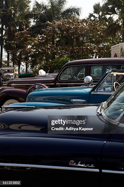 Vinatge cars on display during the Pre Judging of the Cartier 'Travel With Style' Concours 2013 Opening at Taj Lands End on February 9, 2013 in...