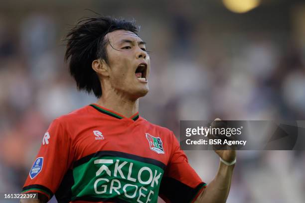 Koki Ogawa of NEC Nijmegen celebrates his goal during the Dutch Eredivisie match between Heracles Almelo and NEC Nijmegen at Erve Asito on August 18,...