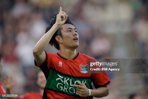 Koki Ogawa of NEC Nijmegen celebrates his goal during the Dutch Eredivisie match between Heracles Almelo and NEC Nijmegen at Erve Asito on August 18,...