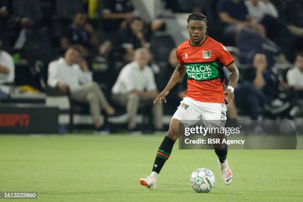 Sontje Hansen of NEC Nijmegen runs with the ball during the Dutch Eredivisie match between Heracles Almelo and NEC Nijmegen at Erve Asito on August...