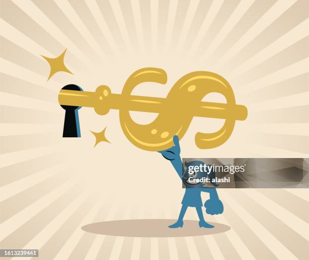 eine lächelnde frau steckt einen großen goldenen dollarzeichenschlüssel in das schlüsselloch, um es zu verriegeln oder zu entriegeln - keyhole stock-grafiken, -clipart, -cartoons und -symbole