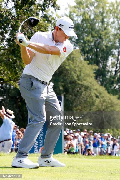 Golfer Matthew Fitzpatrick plays his tee shot on the 9th hole during the final round of the BMW Championship Fed Ex Cup Playoffs on August 20th at...