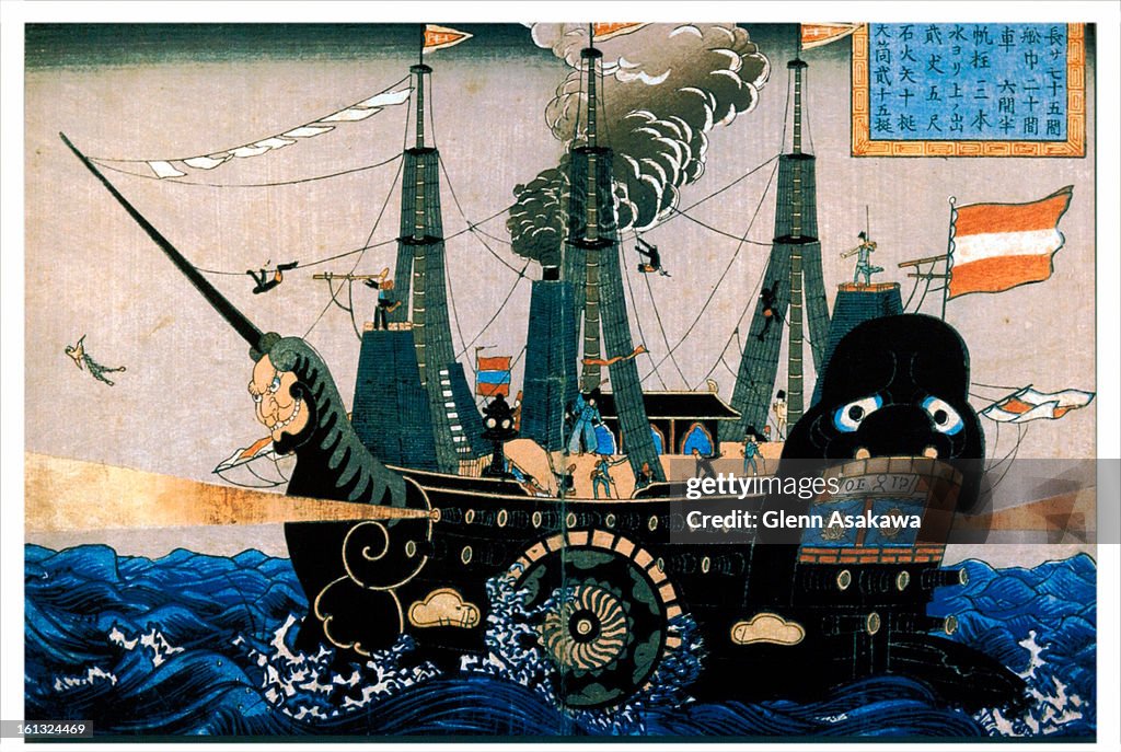 BOULDER, COLORADO, MARCH 10, 2004--This Japanese wood-block print depicting Commodore Perry's ship stands in sharp contrast to its western counterpart titled "Perry Carrying the Gospel of God to the Heathen" that "reminded Americans that Cmmodore Perry's 