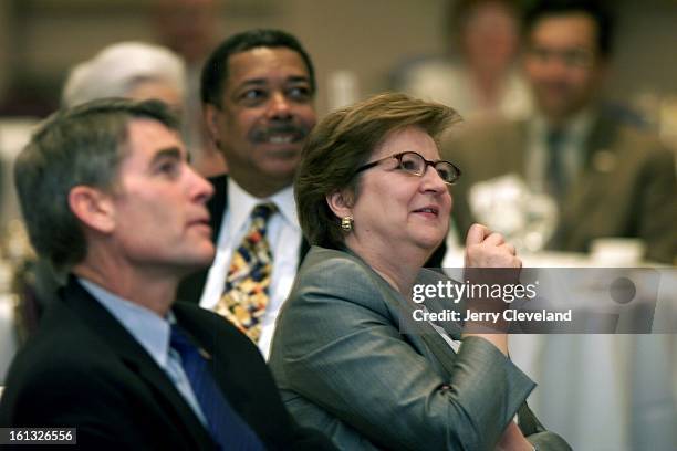 Rep. Mark Udall , Denver Mayor Wellington Webb and Deputy Secretary of the United Nations Louise Flechette listen to introductory remarks at a...