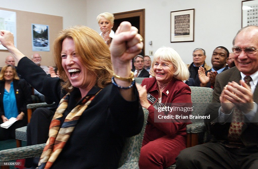 DENVER, CO, NOV 4, 2004 -- State house and senate caucuses elected leadership featuring Democrats in the majority as a result of Tuesday's election. New majority leader Alice Madden celebrates on her election to the position as Betty Boyd and Jim Riesberg