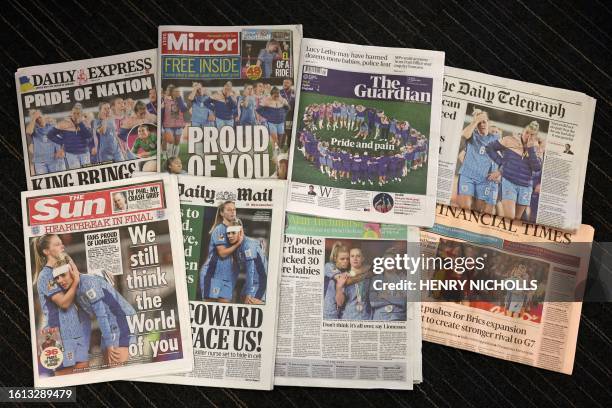 An arrangement of UK daily newspaper front pages photographed as an illustration in London on August 21, 2023 shows headlines reporting on the...