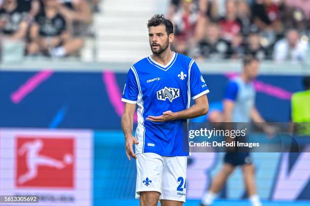 Luca Pfeifer of SV Darmstadt 98 gestures during the Bundesliga match between Eintracht Frankfurt and SV Darmstadt 98 at Deutsche Bank Park on August...