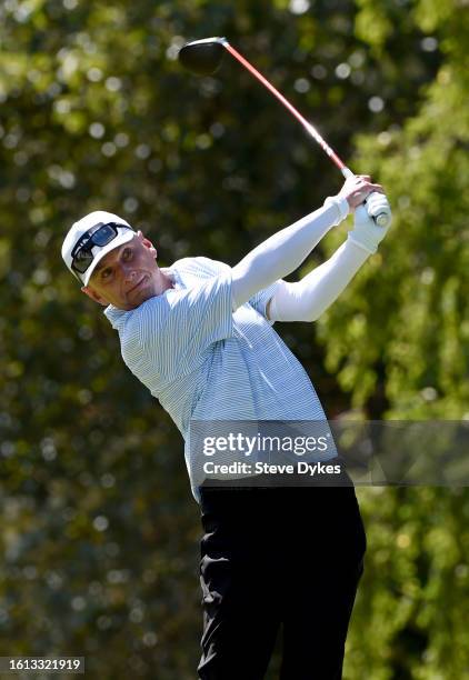 Kevin Sutherland hits his tee shot on the fifth hole during the final round of the Boeing Classic at The Club at Snoqualmie Ridge on August 13, 2023...