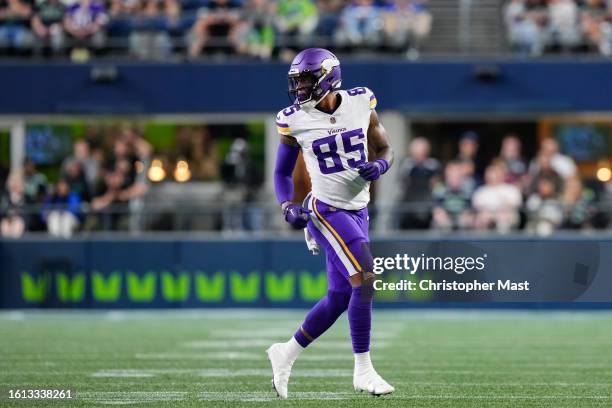 Wide receiver N'Keal Harry splits out wide during the second half of a preseason game against the Seattle Seahawks at Lumen Field on August 10, 2023...