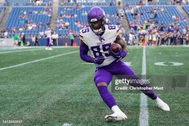 Wide receiver N'Keal Harry of the Minnesota Vikings runs through drills before a preseason game against the Seattle Seahawks at Lumen Field on August...