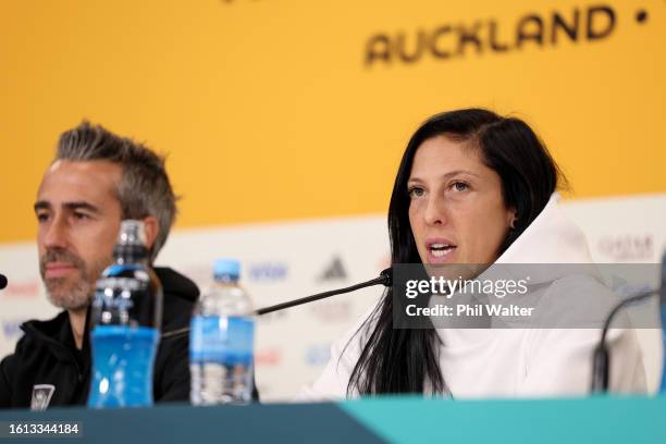 Jennifer Hermoso of Spain speaks to media during a Spain Press Conference at Eden Park on August 14, 2023 in Auckland, New Zealand.