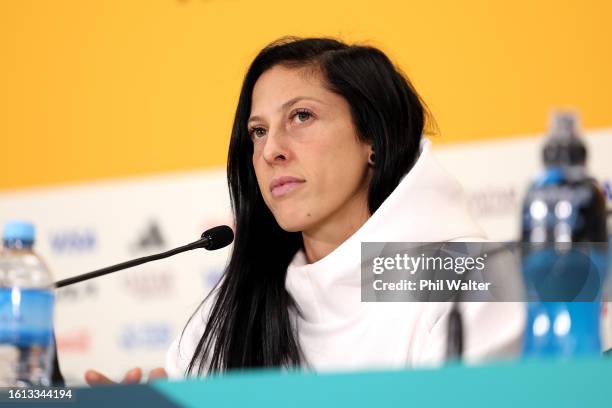 Jennifer Hermoso of Spain speaks to media during a Spain Press Conference at Eden Park on August 14, 2023 in Auckland, New Zealand.