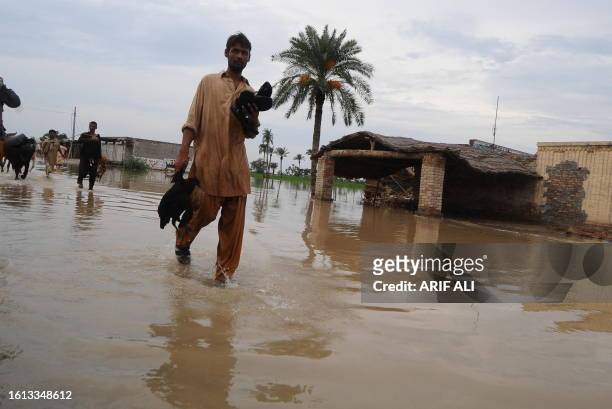 Pakistani flood survivors leave the flooded area in Pagga Shar Khan village on August 6, 2010. The worst floods in Pakistan's history have affected...