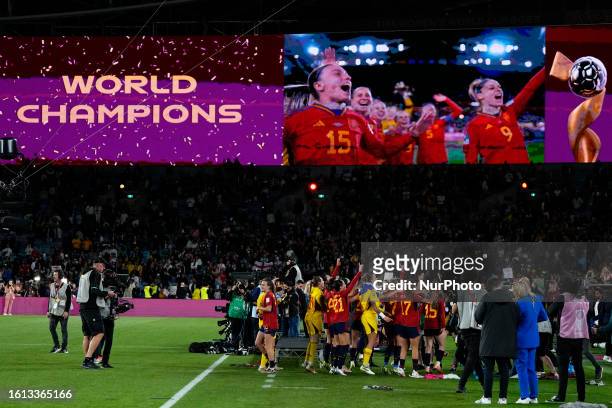 Spanish players celebrate victory after the FIFA Women's World Cup Australia &amp; New Zealand 2023 Final match between Spain and England at Stadium...
