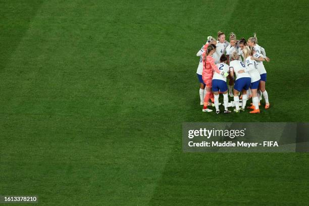 England huddle on the pitch before the FIFA Women's World Cup Australia & New Zealand 2023 Quarter Final match between England and Colombia at...