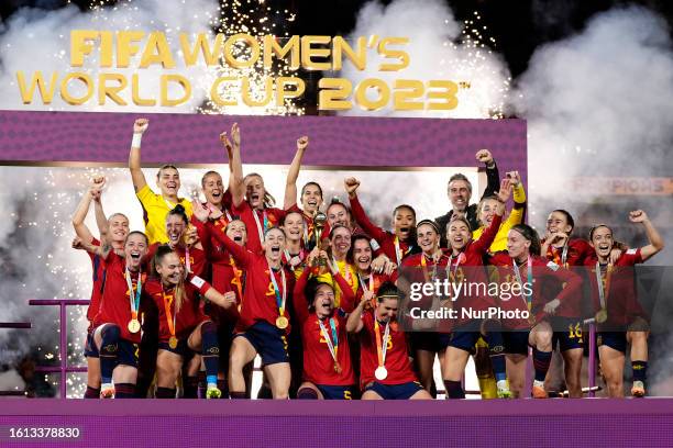 Ivana Andres of Spain and Real Madrid lifts the trophy after winning with her team the FIFA Women's World Cup Australia &amp; New Zealand 2023 Final...