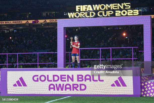 Aitana Bonmati of Spain holds the adidas Golden Ball Award after the FIFA Women's World Cup 2023 Final Match between Spain and England at Accor...