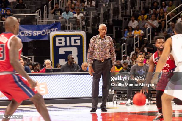 Tri-State head coach Julius "Dr. J" Erving is seen during the Big3: Summer Of Fire at Little Caesars Arena on August 13, 2023 in Detroit, Michigan.