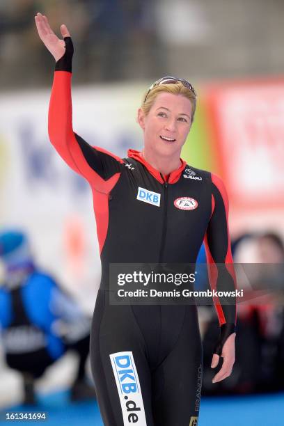 Claudia Pechstein of Germany reacts after the Women's 3000m Division A race during day two of the ISU Speed Skating World Cup at Max Aicher Arena on...