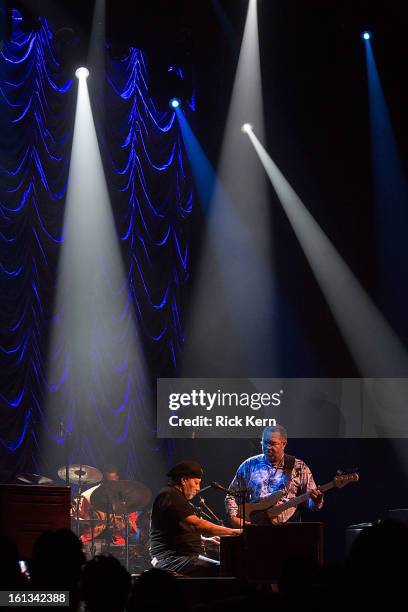 Musicians Art Neville and George Porter, Jr. Of Funky Meters perform in concert at ACL Live on February 9, 2013 in Austin, Texas.