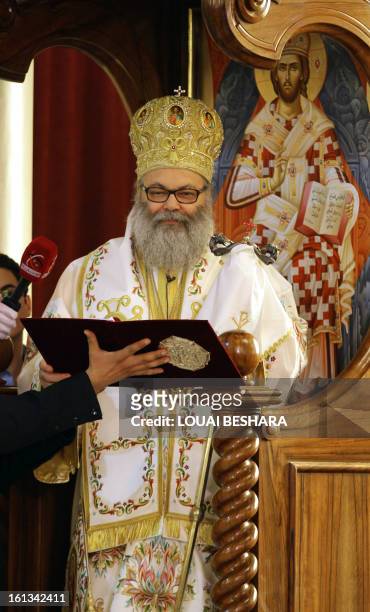 Greek Orthodox leader Yuhanna X Yazigi reads from the liturgy during his enthronement as the Greek Orthodox Patriarch of Antioch and All the East at...
