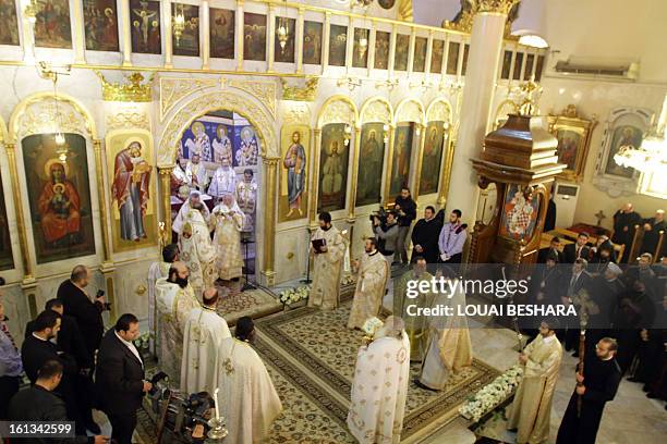 Scene of the enthronement of the Greek Orthodox leader Yuhanna X Yazigi as the Greek Orthodox Patriarch of Antioch and All the East at the Holy Cross...
