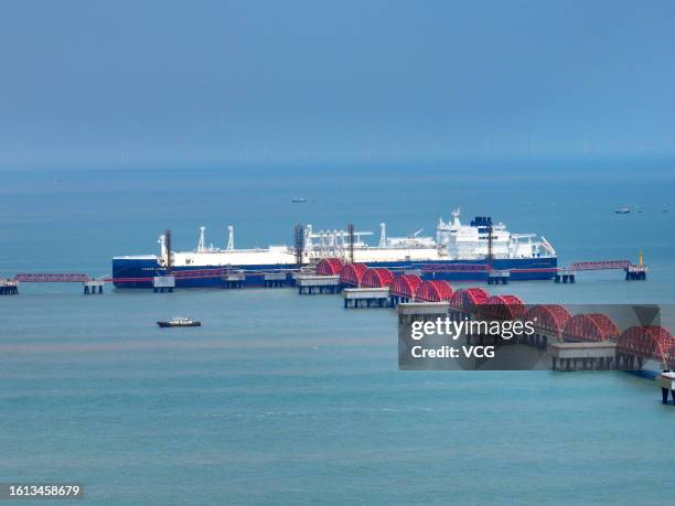 An aerial view of the vessel Fedor Litke, a LNG Tanker registered in Cyprus, being berthed at a LNG terminal operated by China National Petroleum...