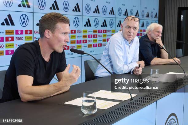 August 2023, Hesse, Frankfurt/Main: The DFB with President Bernd Neuendorf and Sports Director Rudi Völler introduces Hannes Wolf as the new Director...